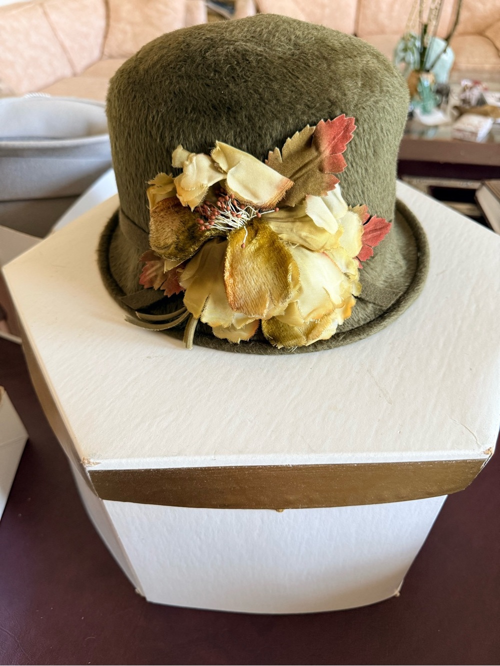 Olive Green Floral Vintage Wool Cloche Hat -